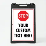 Custom red and white stop sign icon A-frame sign with universal red octagon stop symbol and custom text zone for Los Angeles managed parking facility office building or gated property