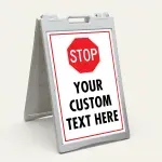Custom red and white stop sign icon A-frame sign with universal red octagon stop symbol and custom text zone for Los Angeles managed parking facility office building or gated property