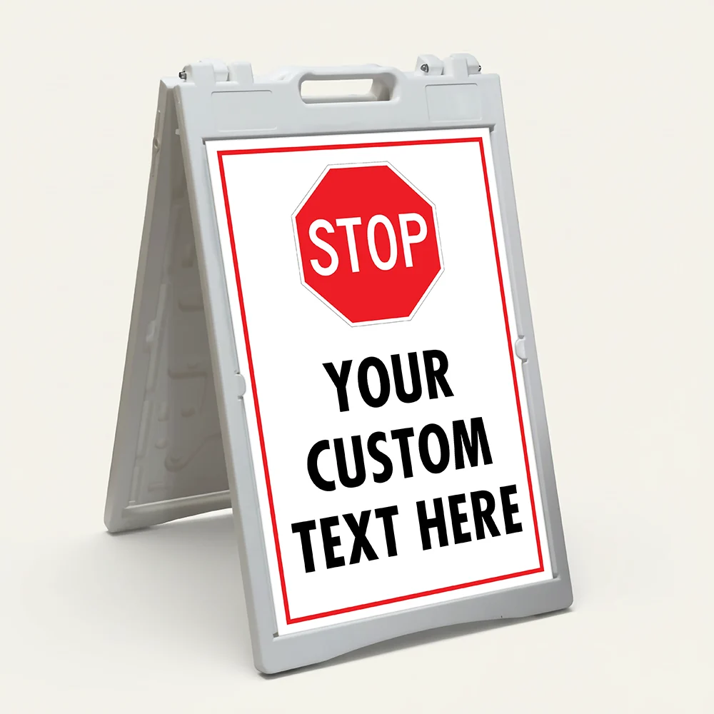 Custom red and white stop sign icon A-frame sign with universal red octagon stop symbol and custom text zone for Los Angeles managed parking facility office building or gated property