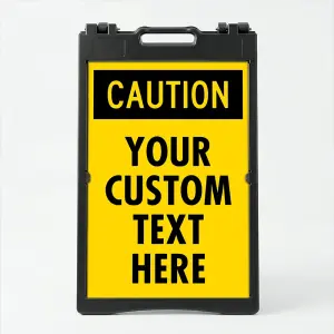 Custom yellow and black caution A-frame sign with bold CAUTION header and custom text zone for Los Angeles construction site parking lot or commercial facility