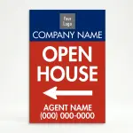 Custom navy and red open house directional A-frame sign with brokerage logo company name large open house text directional arrow and agent contact details for Los Angeles real estate listing