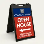 Custom navy and red open house directional A-frame sign with brokerage logo company name large open house text directional arrow and agent contact details for Los Angeles real estate listing