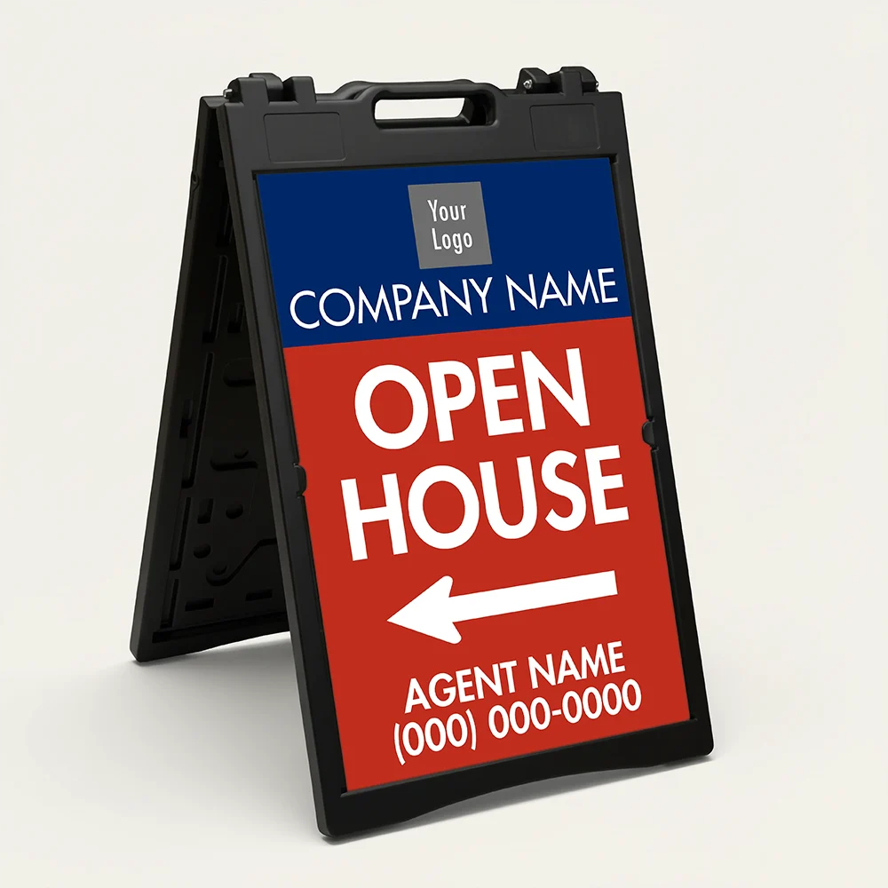 Custom navy and red open house directional A-frame sign with brokerage logo company name large open house text directional arrow and agent contact details for Los Angeles real estate listing
