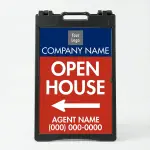 Custom navy and red open house directional A-frame sign with brokerage logo company name large open house text directional arrow and agent contact details for Los Angeles real estate listing