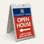 Custom navy and red open house directional A-frame sign with brokerage logo company name large open house text directional arrow and agent contact details for Los Angeles real estate listing