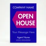 Custom blue and magenta branded open house A-frame sign with company name bold open house pentagon accent custom message and agent contact details for Los Angeles real estate listing or brokerage