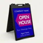 Custom blue and magenta branded open house A-frame sign with company name bold open house pentagon accent custom message and agent contact details for Los Angeles real estate listing or brokerage