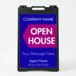 Custom blue and magenta branded open house A-frame sign with company name bold open house pentagon accent custom message and agent contact details for Los Angeles real estate listing or brokerage