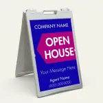 Custom blue and magenta branded open house A-frame sign with company name bold open house pentagon accent custom message and agent contact details for Los Angeles real estate listing or brokerage