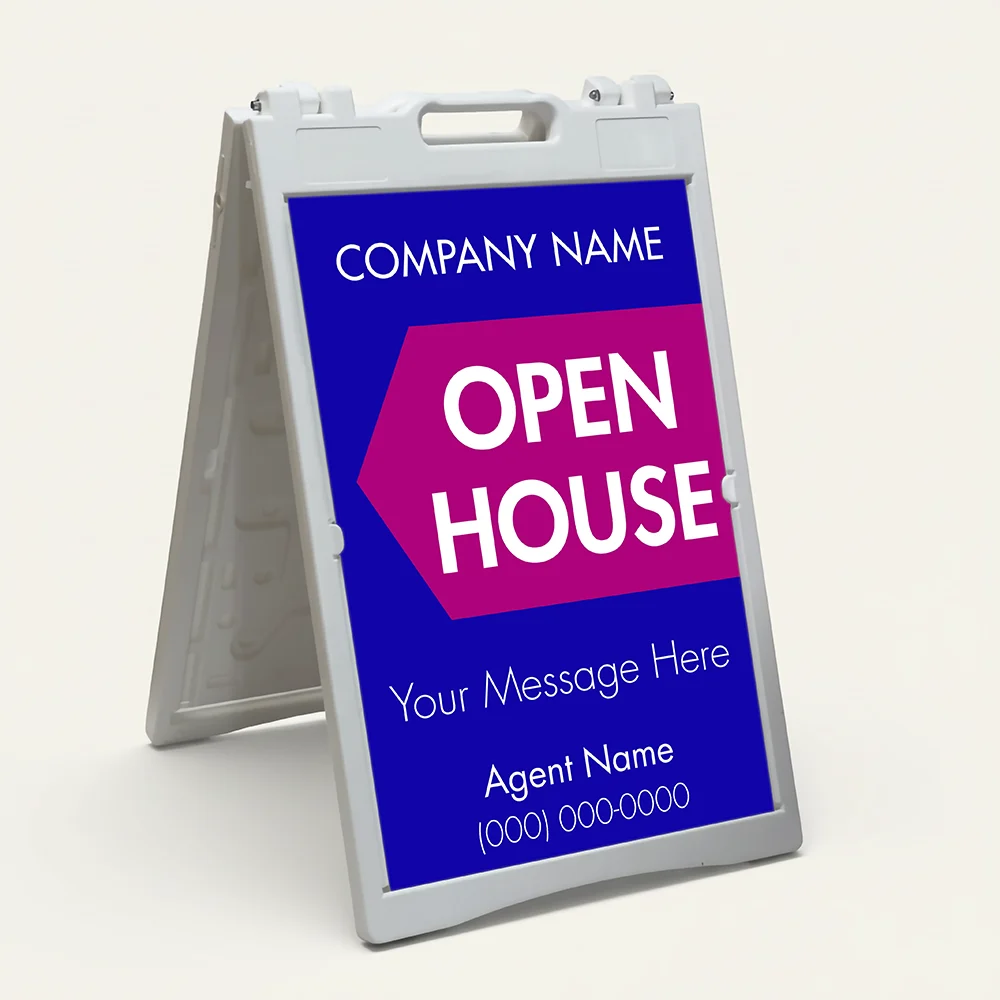 Custom blue and magenta branded open house A-frame sign with company name bold open house pentagon accent custom message and agent contact details for Los Angeles real estate listing or brokerage