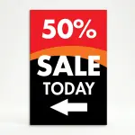 Custom red and black sale percentage directional A-frame sign with large discount percentage bold sale message and directional arrow for Los Angeles retail store boutique or pop-up vendor