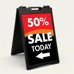 Custom red and black sale percentage directional A-frame sign with large discount percentage bold sale message and directional arrow for Los Angeles retail store boutique or pop-up vendor
