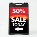 Custom red and black sale percentage directional A-frame sign with large discount percentage bold sale message and directional arrow for Los Angeles retail store boutique or pop-up vendor
