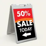 Custom red and black sale percentage directional A-frame sign with large discount percentage bold sale message and directional arrow for Los Angeles retail store boutique or pop-up vendor