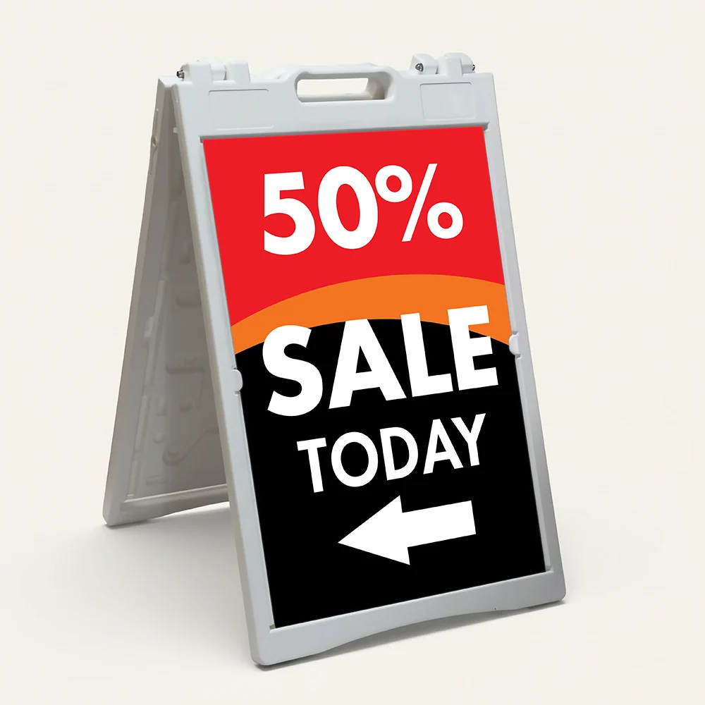 Custom red and black sale percentage directional A-frame sign with large discount percentage bold sale message and directional arrow for Los Angeles retail store boutique or pop-up vendor