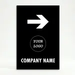 Custom black and white logo directional A-frame sign with large white arrow circular logo zone and company name for Los Angeles business event venue or valet operation