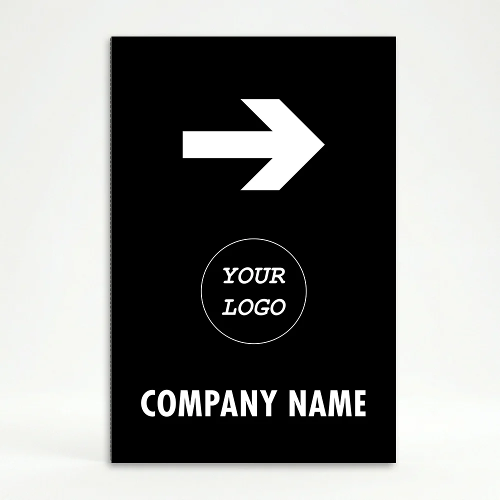 Custom black and white logo directional A-frame sign with large white arrow circular logo zone and company name for Los Angeles business event venue or valet operation