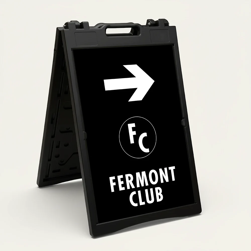 Custom black and white logo directional A-frame sign with large white arrow circular logo zone and company name for Los Angeles business event venue or valet operation