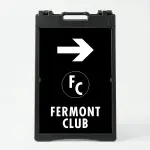 Custom black and white logo directional A-frame sign with large white arrow circular logo zone and company name for Los Angeles business event venue or valet operation