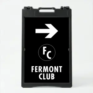 Custom black and white logo directional A-frame sign with large white arrow circular logo zone and company name for Los Angeles business event venue or valet operation