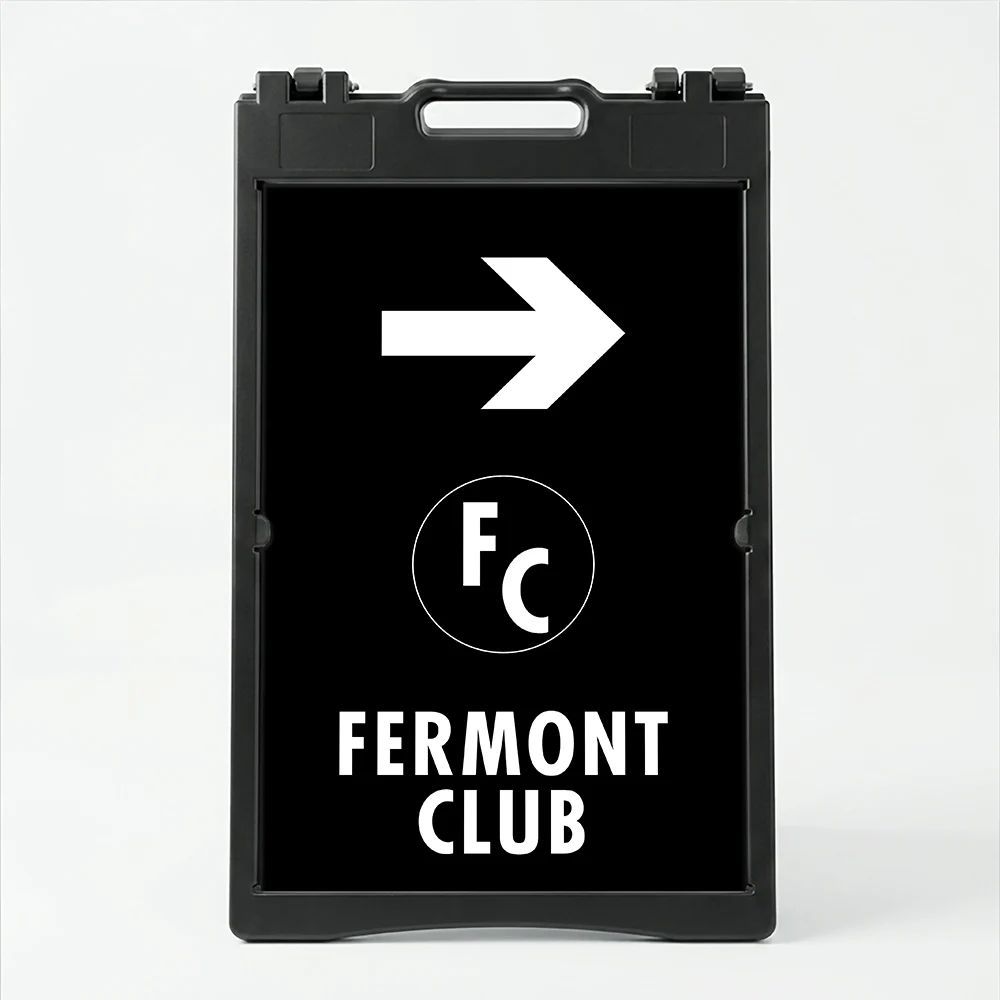 Custom black and white logo directional A-frame sign with large white arrow circular logo zone and company name for Los Angeles business event venue or valet operation