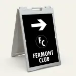 Custom black and white logo directional A-frame sign with large white arrow circular logo zone and company name for Los Angeles business event venue or valet operation