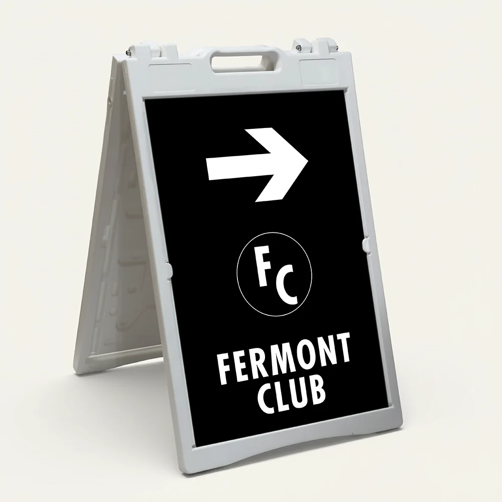 Custom black and white logo directional A-frame sign with large white arrow circular logo zone and company name for Los Angeles business event venue or valet operation