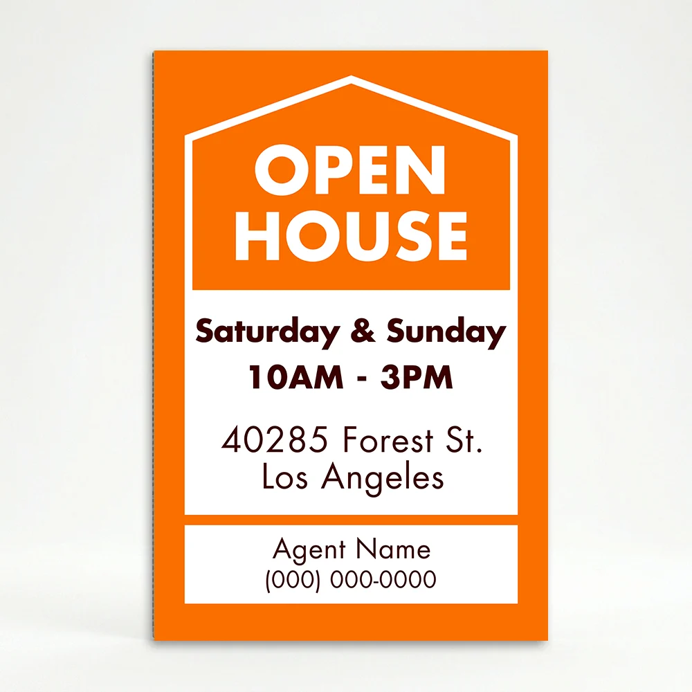 Custom orange and white open house date and address A-frame sign with house icon open house text date hours property address and agent contact zone for Los Angeles real estate listing