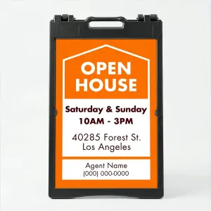 Custom orange and white open house date and address A-frame sign with house icon open house text date hours property address and agent contact zone for Los Angeles real estate listing