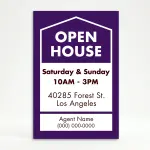 Custom purple and white open house date and address A-frame sign with house icon open house text date hours property address and agent contact zone for Los Angeles real estate listing