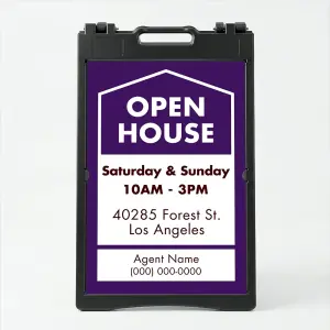 Custom purple and white open house date and address A-frame sign with house icon open house text date hours property address and agent contact zone for Los Angeles real estate listing