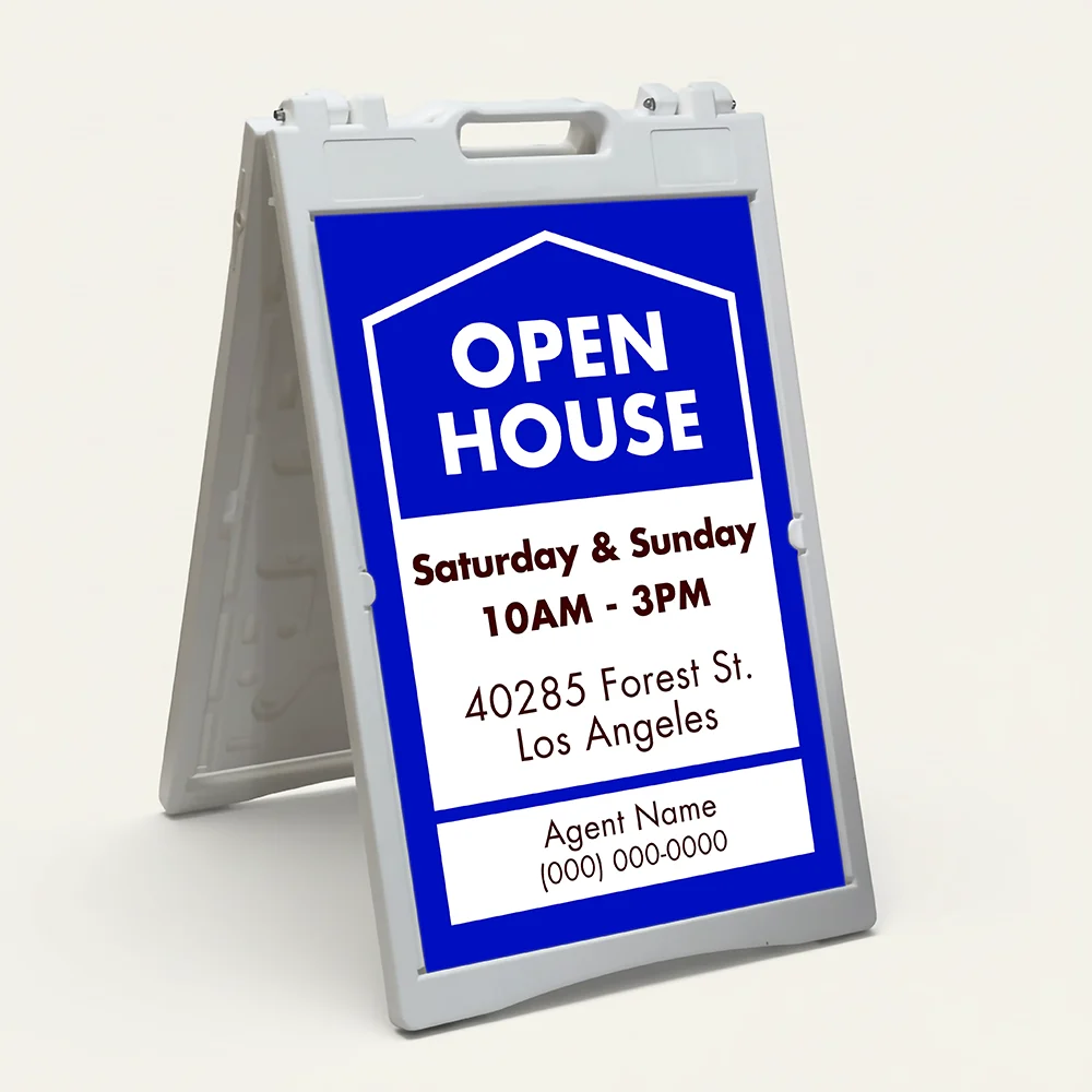 Custom blue and white open house date and address A-frame sign with house icon open house text date hours property address and agent contact zone for Los Angeles real estate listing