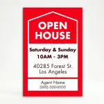 Custom red and white open house date and address A-frame sign with house icon open house text date hours property address and agent contact zone for Los Angeles real estate listing