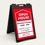 Custom red and white open house date and address A-frame sign with house icon open house text date hours property address and agent contact zone for Los Angeles real estate listing