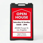 Custom red and white open house date and address A-frame sign with house icon open house text date hours property address and agent contact zone for Los Angeles real estate listing
