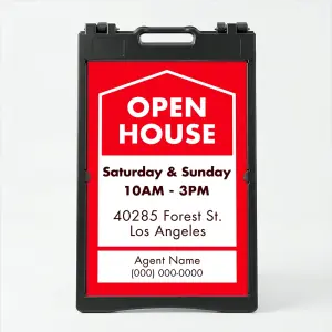 Custom red and white open house date and address A-frame sign with house icon open house text date hours property address and agent contact zone for Los Angeles real estate listing