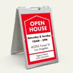 Custom red and white open house date and address A-frame sign with house icon open house text date hours property address and agent contact zone for Los Angeles real estate listing