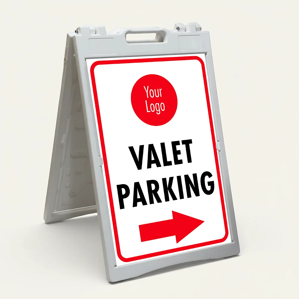 Custom logo valet parking directional A-frame sign with red rounded border logo zone bold black valet parking text and red arrow for Los Angeles hotel restaurant or event venue