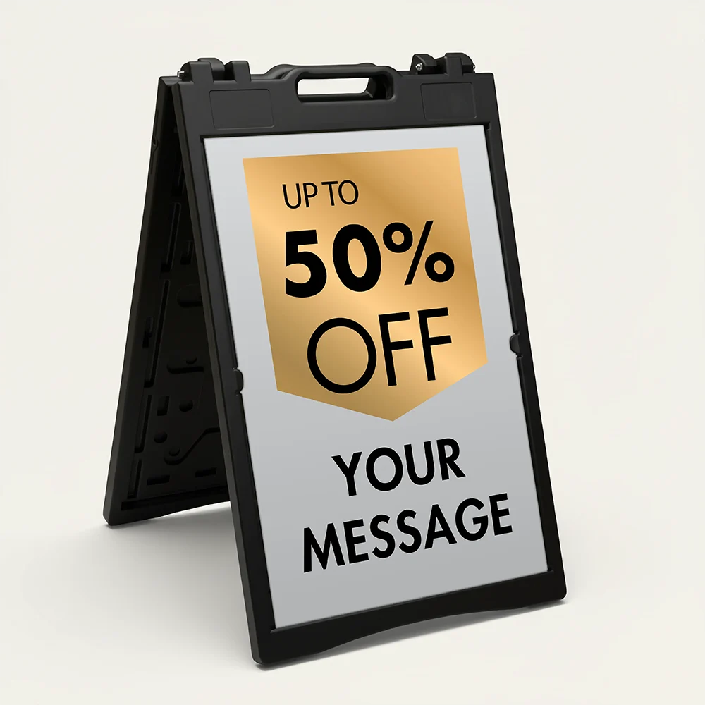 Custom gray and gold shield discount A-frame sign with gold badge showing customizable discount percentage and large black custom message zone for Los Angeles boutique home decor store or upscale salon