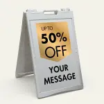 Custom gray and gold shield discount A-frame sign with gold badge showing customizable discount percentage and large black custom message zone for Los Angeles boutique home decor store or upscale salon