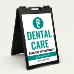 Custom teal and white logo and contact A-frame sign with circular logo zone bold teal message text website banner and phone number for Los Angeles salon wellness studio or professional service business