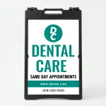 Custom teal and white logo and contact A-frame sign with circular logo zone bold teal message text website banner and phone number for Los Angeles salon wellness studio or professional service business