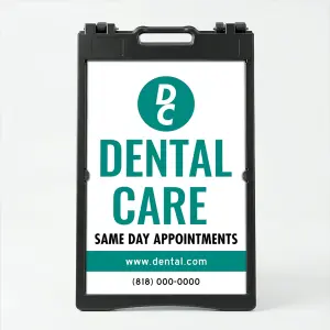 Custom teal and white logo and contact A-frame sign with circular logo zone bold teal message text website banner and phone number for Los Angeles salon wellness studio or professional service business