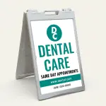 Custom teal and white logo and contact A-frame sign with circular logo zone bold teal message text website banner and phone number for Los Angeles salon wellness studio or professional service business