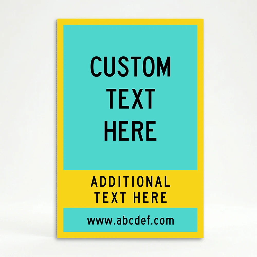 Custom teal and yellow message and contact A-frame sign with large bold main message zone yellow lower text section and teal website banner for Los Angeles business or event vendor