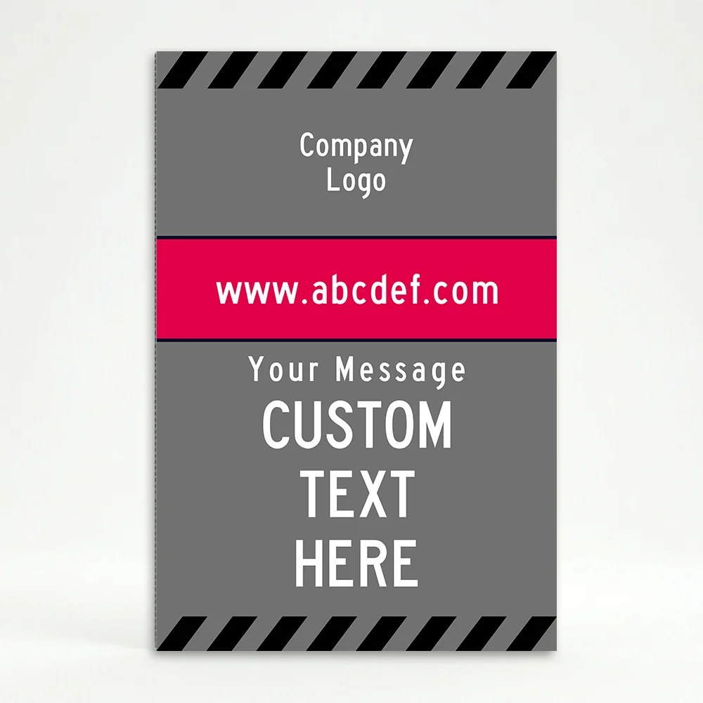 Custom gray and red hazard stripe A-frame sign with company logo red website banner and large custom message zone for Los Angeles contractor trades professional or service business