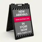 Custom gray and red hazard stripe A-frame sign with company logo red website banner and large custom message zone for Los Angeles contractor trades professional or service business