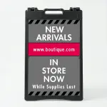 Custom gray and red hazard stripe A-frame sign with company logo red website banner and large custom message zone for Los Angeles contractor trades professional or service business