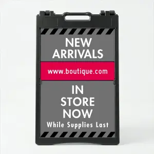 Custom gray and red hazard stripe A-frame sign with company logo red website banner and large custom message zone for Los Angeles contractor trades professional or service business