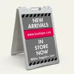 Custom gray and red hazard stripe A-frame sign with company logo red website banner and large custom message zone for Los Angeles contractor trades professional or service business